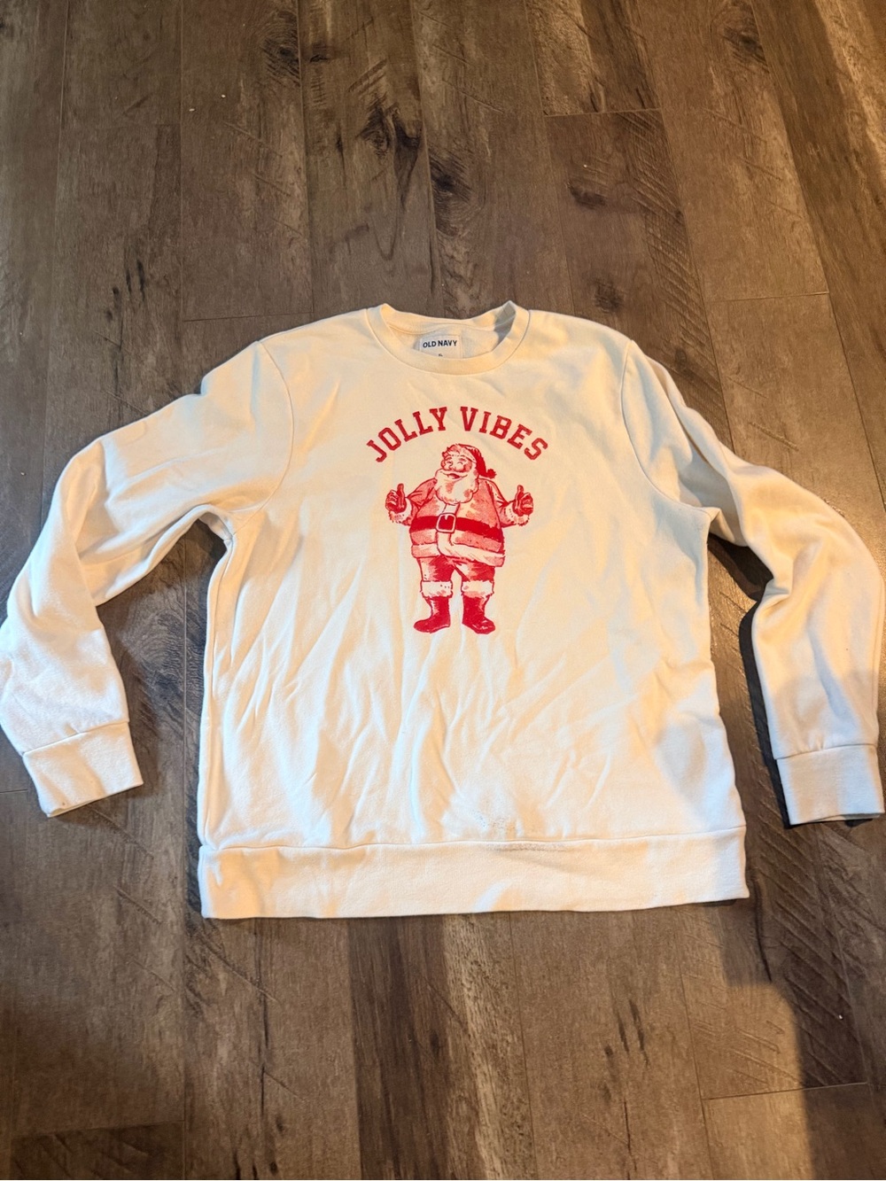 Old Navy Cream Sweatshirt with Red Santa Graphic